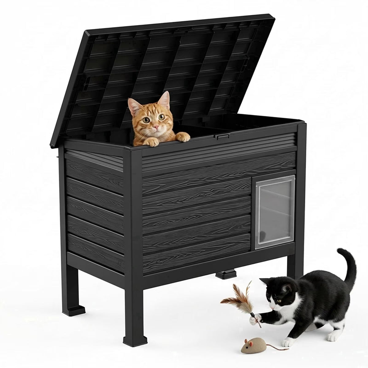 Fazzn Outdoor Cat House X-Large: Weather Resistant, Raised Floor, Dual Waterproof Flaps, 50% Bigger, Dimensions 31" L x 26.7" H.Black