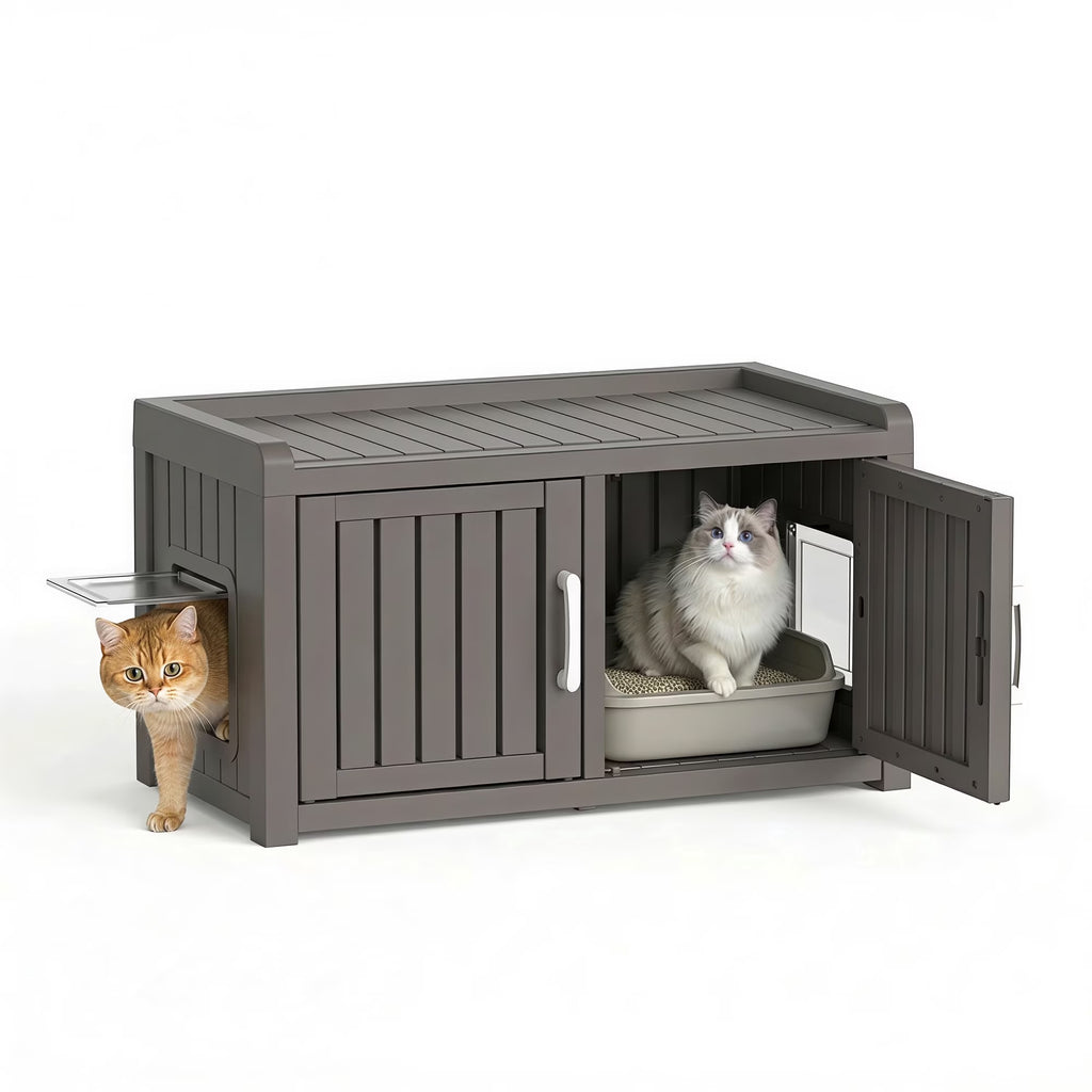 fazzn 2-in-1 Outdoor Cat House & Storage Bench, Weatherproof Litter Box Enclosure with Cat Door, Durable Resin Pet Shelter for Indoor, Easy Assembly.Black /Brown
