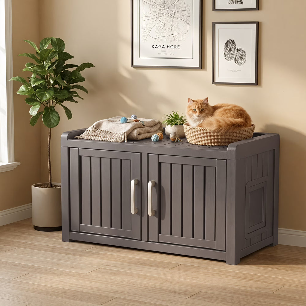 fazzn 2-in-1 Outdoor Cat House & Storage Bench, Weatherproof Litter Box Enclosure with Cat Door, Durable Resin Pet Shelter for Indoor, Easy Assembly.Black /Brown