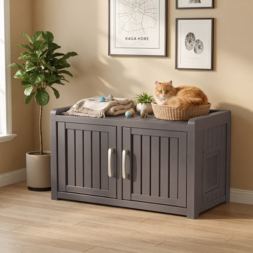 fazzn 2-in-1 Outdoor Cat House & Storage Bench, Weatherproof Litter Box Enclosure with Cat Door, Durable Resin Pet Shelter for Indoor, Easy Assembly.Black /Brown