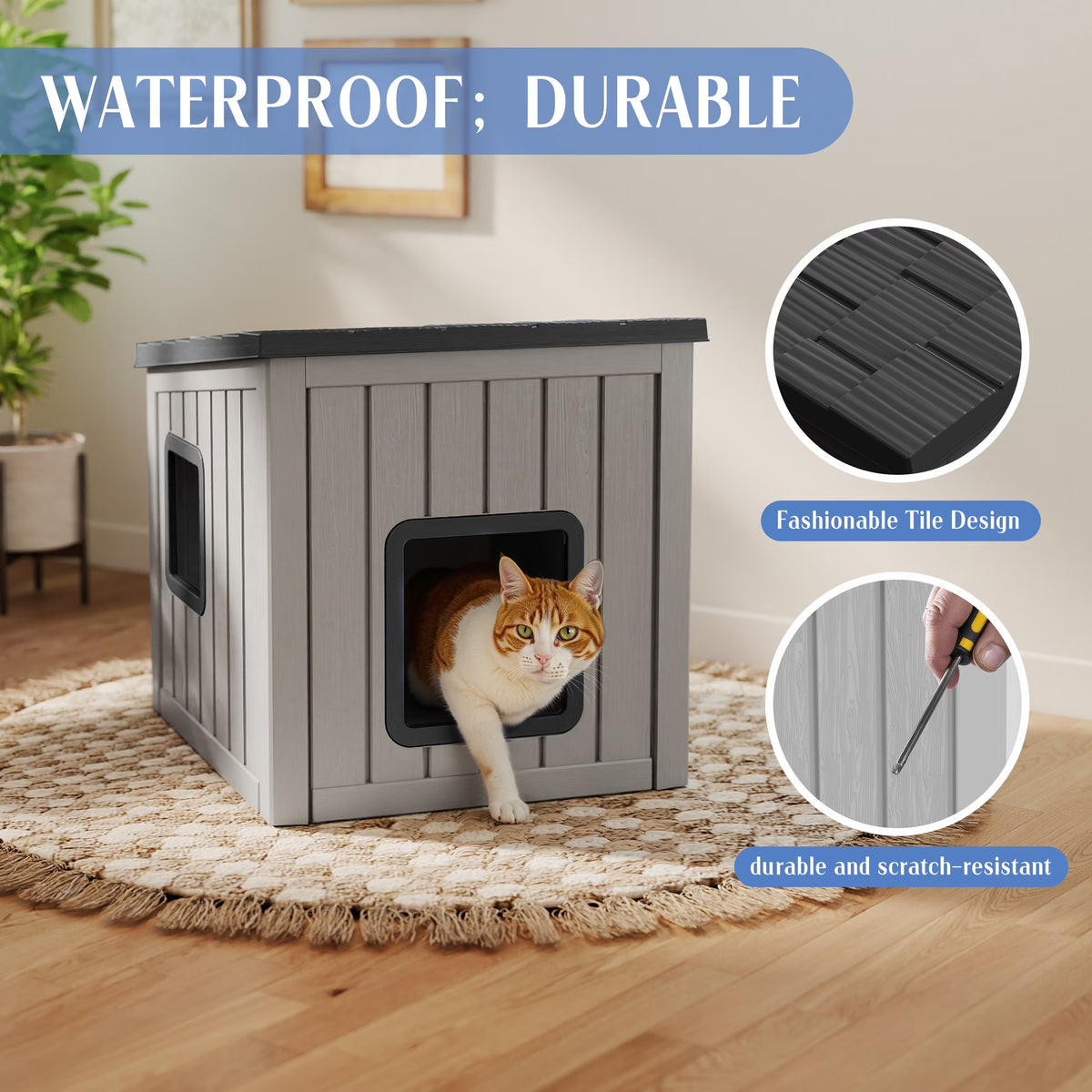 fazzn Outdoor Cat House,Waterproof Resin Cat Houses for Feral Cats,Robust and Easy to Assemble,Feral Cat Shelter for Winter,Suitable for Cats, Rabbits and Other Small Animals.Black/Blue