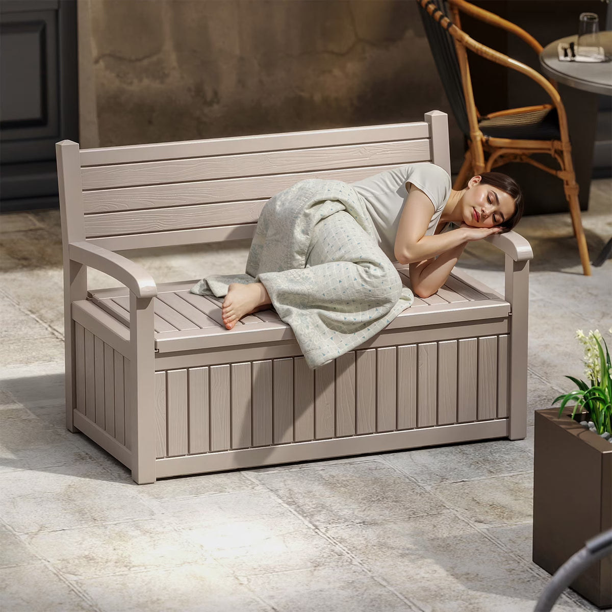 fazzn 80 Gallon Storage Bench Deck Box for Patio Storage, Front Porch Decor, and Outdoor Seating – Perfect for Storing Garden Tools and Pool Floats (Brown )