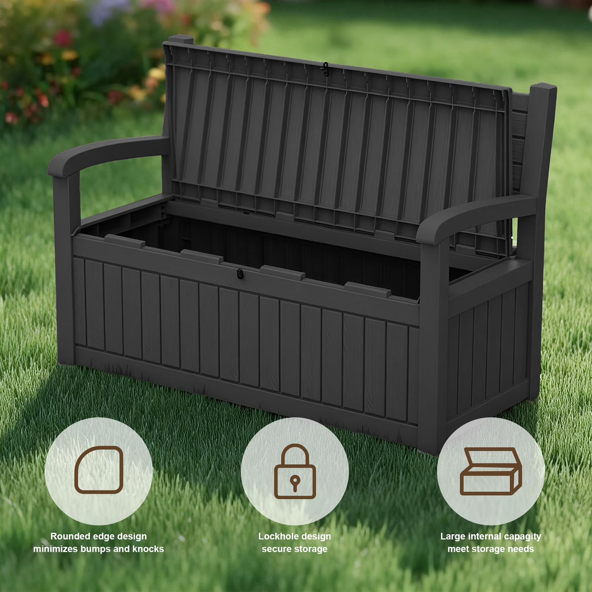 fazzn 80 Gallon Storage Bench Deck Box for Patio Storage, Front Porch Decor, and Outdoor Seating – Perfect for Storing Garden Tools and Pool Floats (Black )