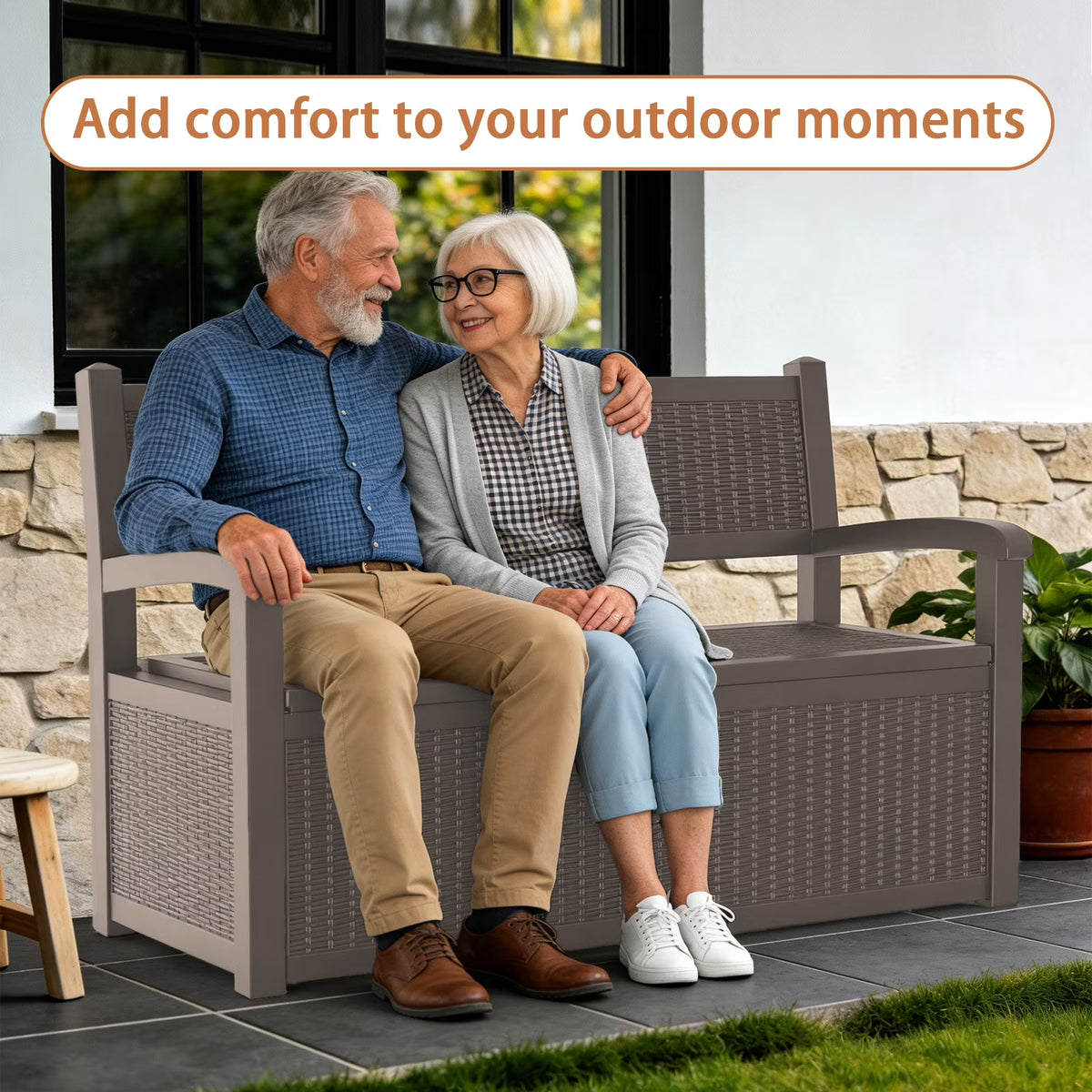 fazzn 80-Gallon Storage Bench Deck Box for Patio Storage, Front Porch Decor, and Outdoor Seating – Ideal for Storing Garden Tools and Pool Floats (Brown)