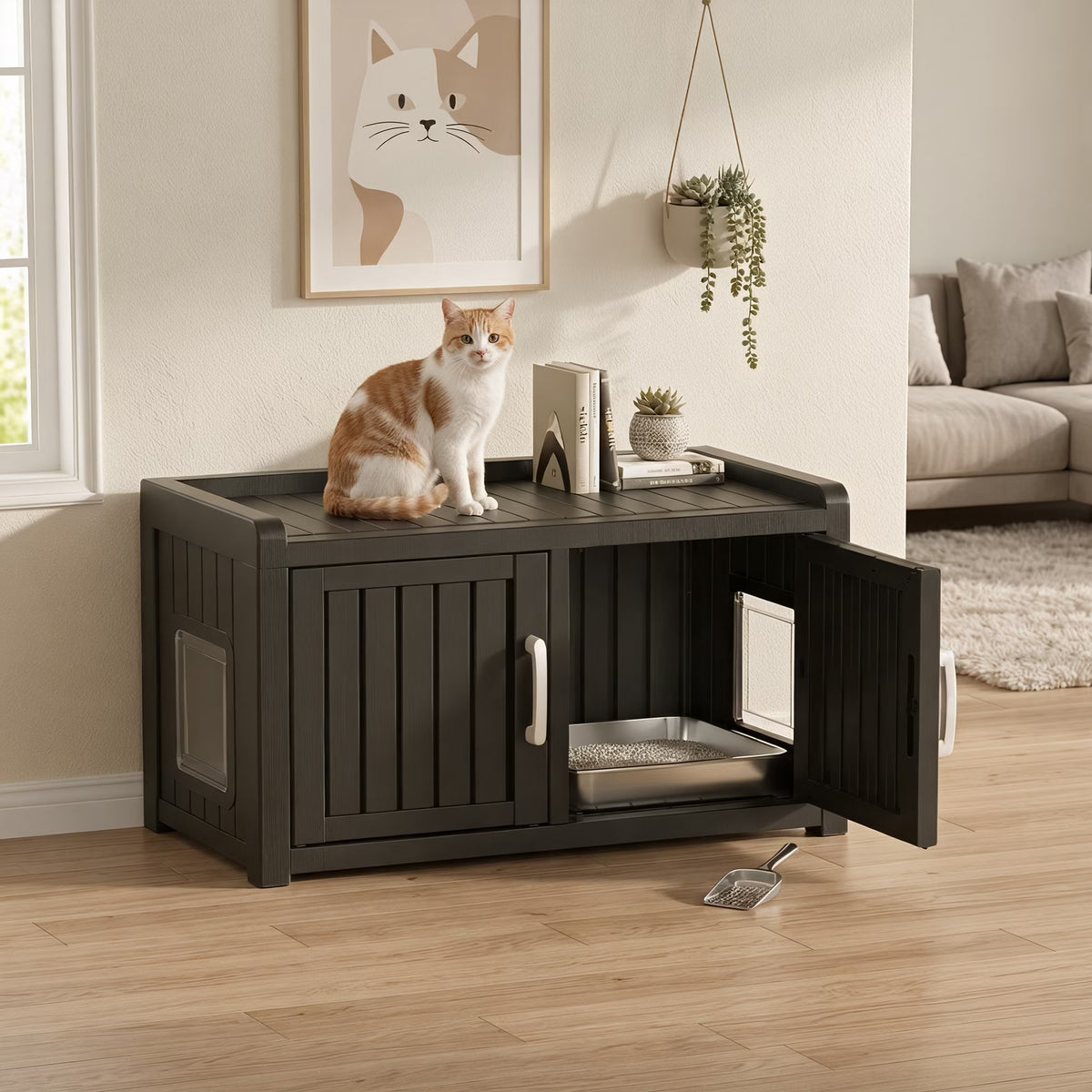 Fazzn 2-in-1 Outdoor Cat House & Storage Bench, Weatherproof Litter Box Enclosure with Cat Door, Durable Resin Pet Shelter for Indoor, Easy Assembly.Black