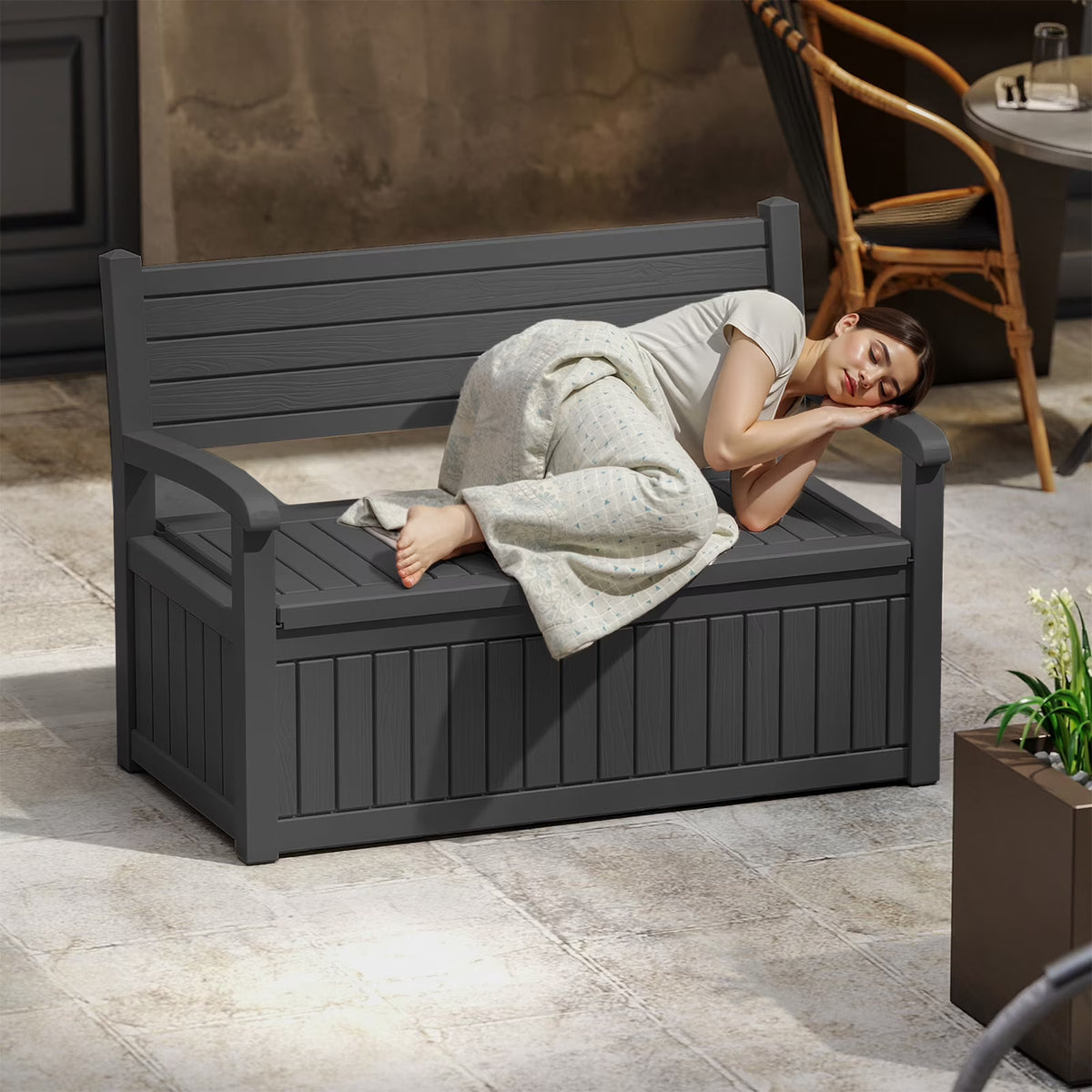 fazzn 80 Gallon Storage Bench Deck Box for Patio Storage, Front Porch Decor, and Outdoor Seating – Perfect for Storing Garden Tools and Pool Floats (Black )