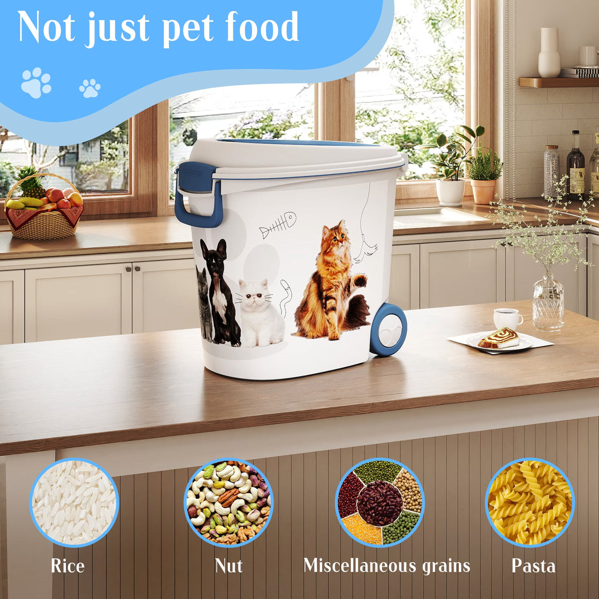 Fazzn Pet Food Storage Container with Wheels Resin 40LB Capacity Dog Food Container with Slow Feeder Bowl and Scoop Easy to Move to Keep Food Fresh for Dogs, Cats, Birds.White