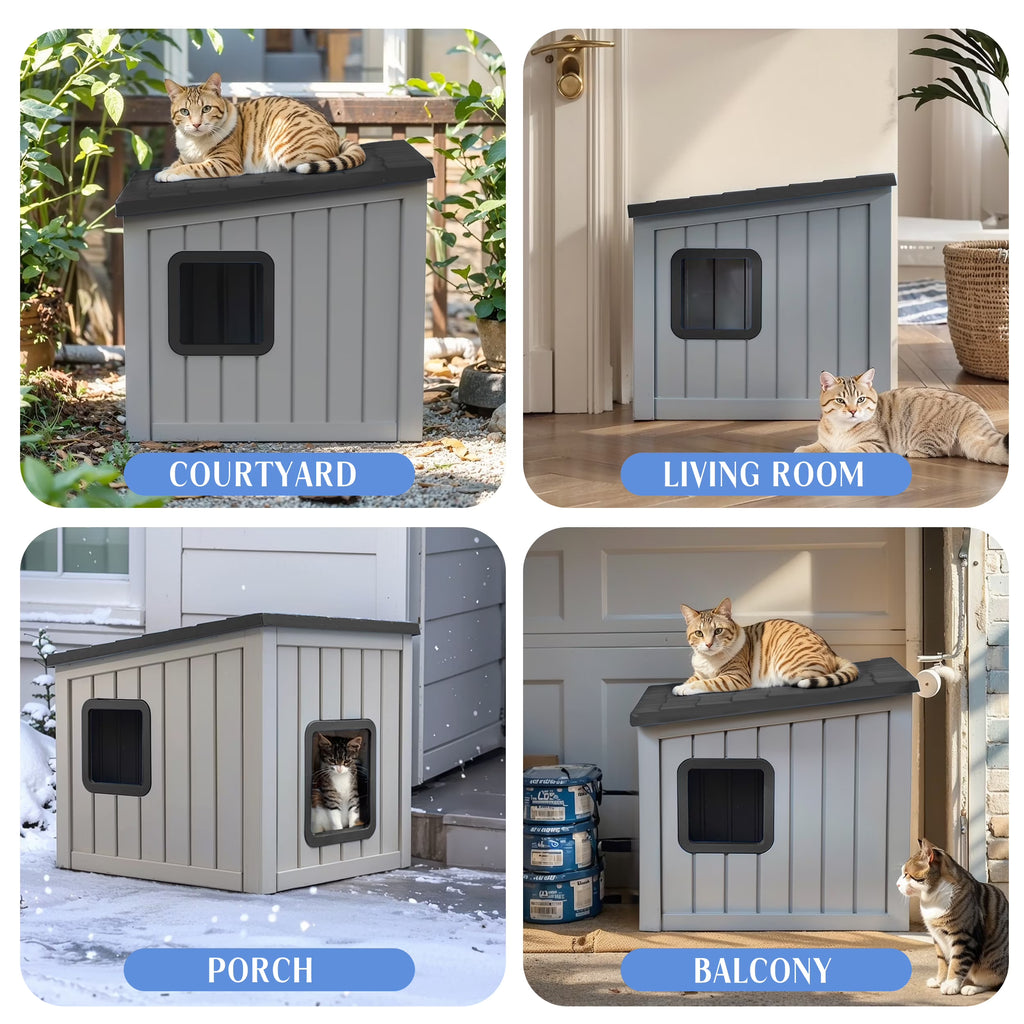 fazzn Outdoor Cat House,Waterproof Resin Cat Houses for Feral Cats,Robust and Easy to Assemble,Feral Cat Shelter for Winter,Suitable for Cats, Rabbits and Other Small Animals.Black/Blue