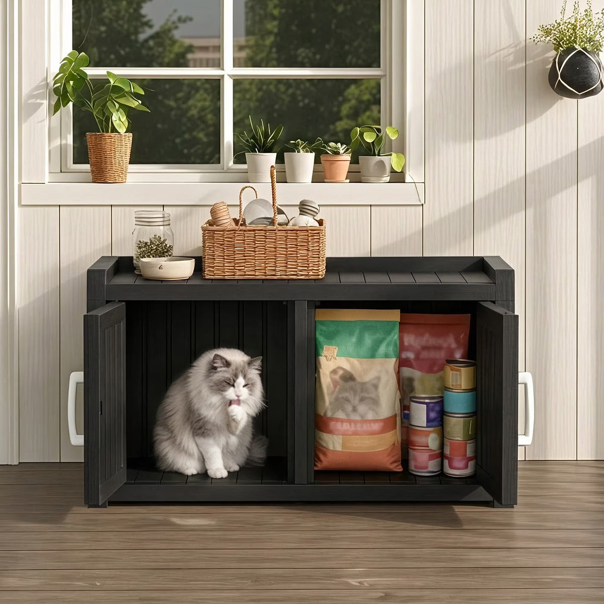 Fazzn 2-in-1 Outdoor Cat House & Storage Bench, Weatherproof Litter Box Enclosure with Cat Door, Durable Resin Pet Shelter for Indoor, Easy Assembly.Black