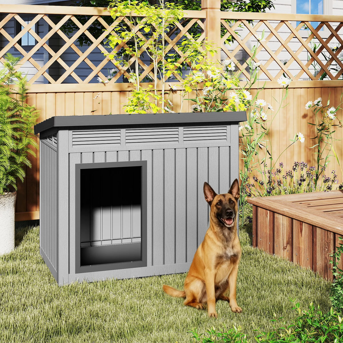 fazzn Nature Classic Dog House - Wooden Outdoor Shelter with Windproof and Rainproof Sealing and Ventilation, Suitable for Medium to Large Dogs - Black/Grey