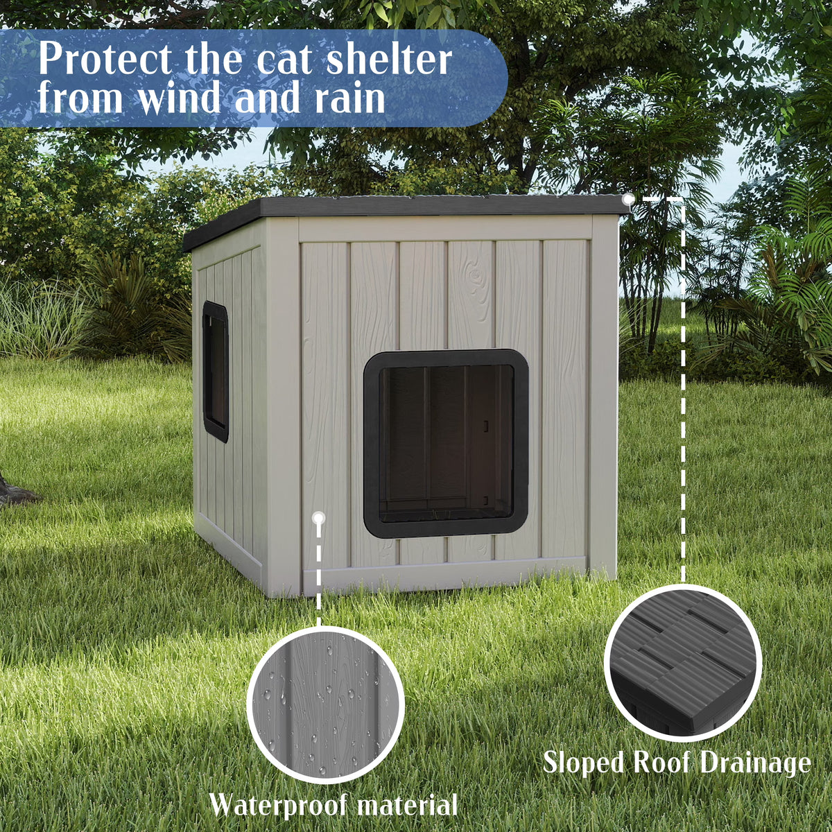 fazzn Outdoor Cat House,Waterproof Resin Cat Houses for Feral Cats,Robust and Easy to Assemble,Feral Cat Shelter for Winter,Suitable for Cats, Rabbits and Other Small Animals.Black/Blue