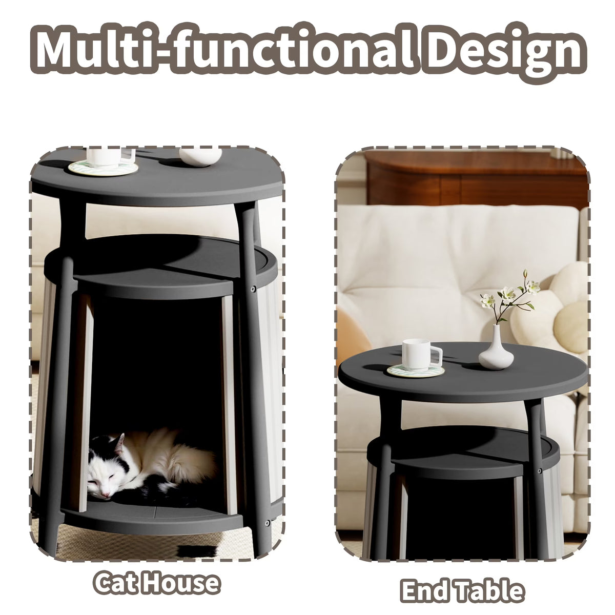 Fazzn 2-in-1 Round Cat House End Table, Modern Hidden Cat Litter Box Enclosure Furniture, Weatherproof Resin Patio Side Table with Stylish Pet House for Indoor & Outdoor Use.