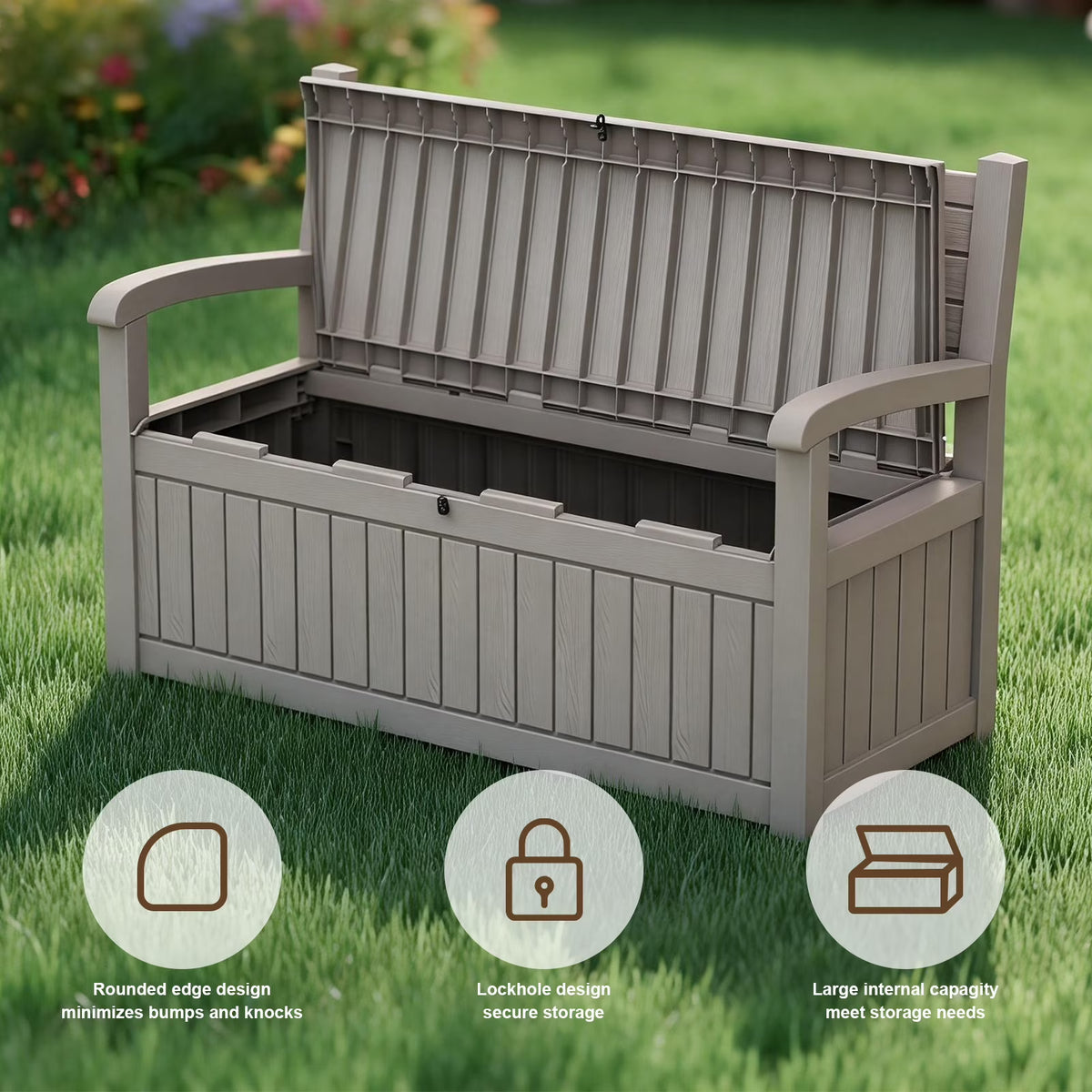 fazzn 80 Gallon Storage Bench Deck Box for Patio Storage, Front Porch Decor, and Outdoor Seating – Perfect for Storing Garden Tools and Pool Floats (Brown )