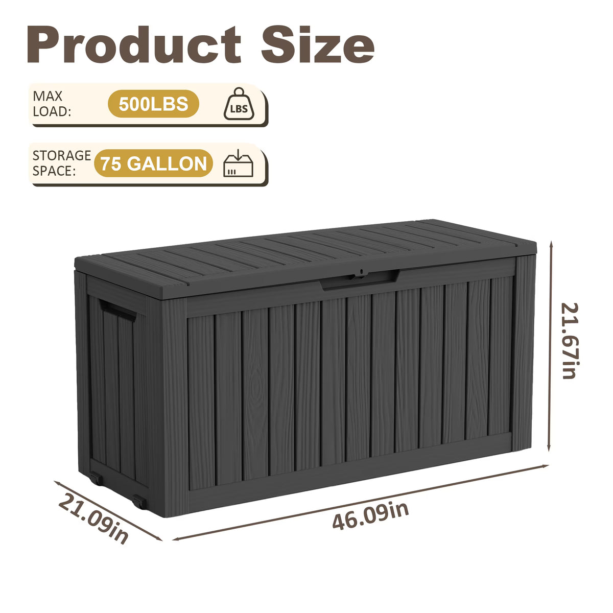 fazzn 75 Gallon Resin Deck Box Waterproof Outdoor Storage Box for Patio Furniture Pool Accessories Indoor Storage for Cushion Garden Tools (Black)