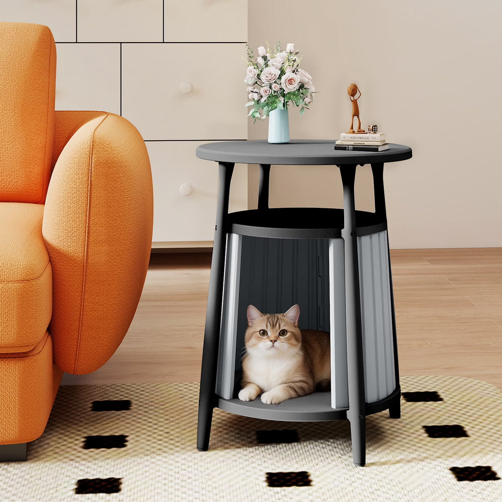 Fazzn 2-in-1 Round Cat House End Table, Modern Hidden Cat Litter Box Enclosure Furniture, Weatherproof Resin Patio Side Table with Stylish Pet House for Indoor & Outdoor Use.