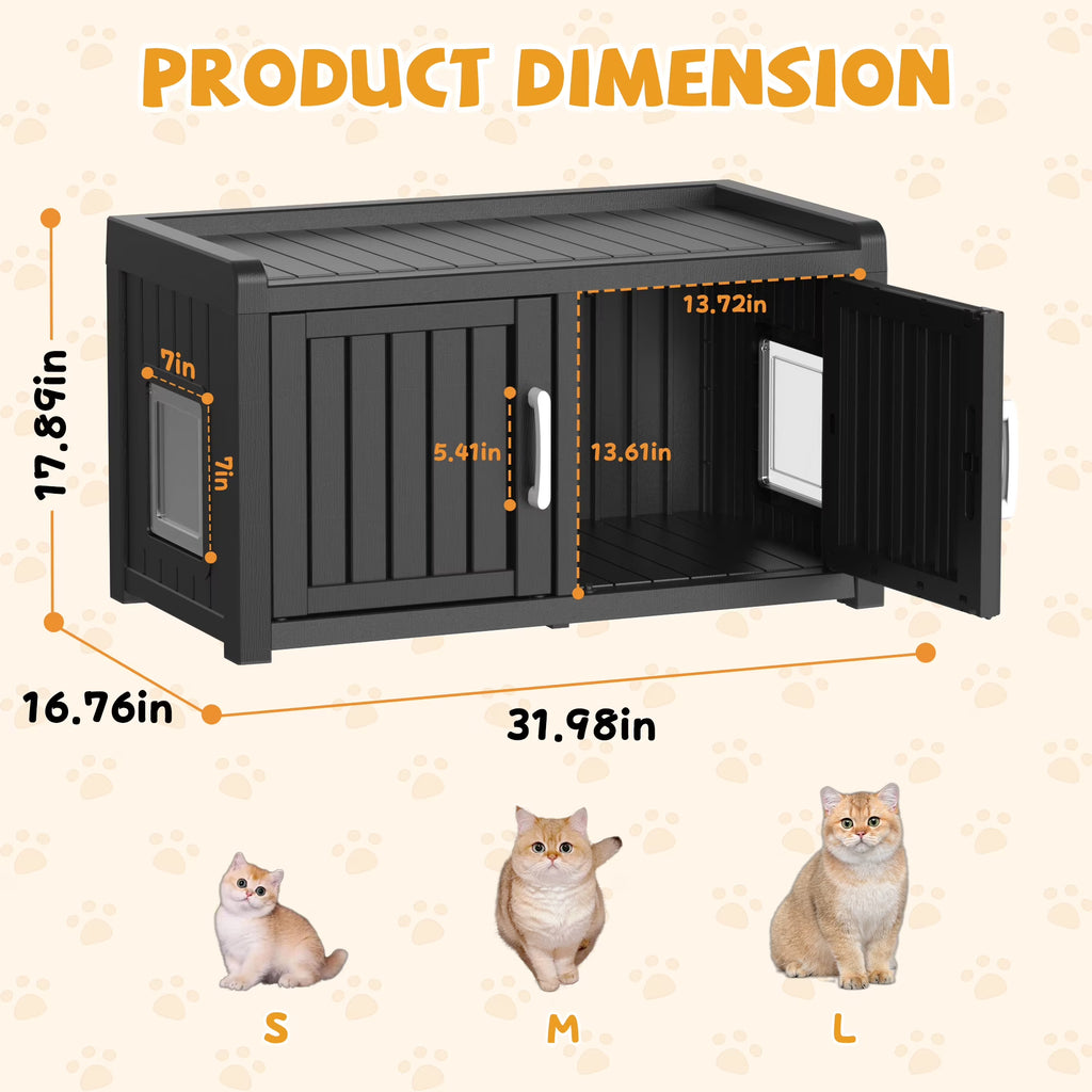 Fazzn 2-in-1 Outdoor Cat House & Storage Bench, Weatherproof Litter Box Enclosure with Cat Door, Durable Resin Pet Shelter for Indoor, Easy Assembly.Black
