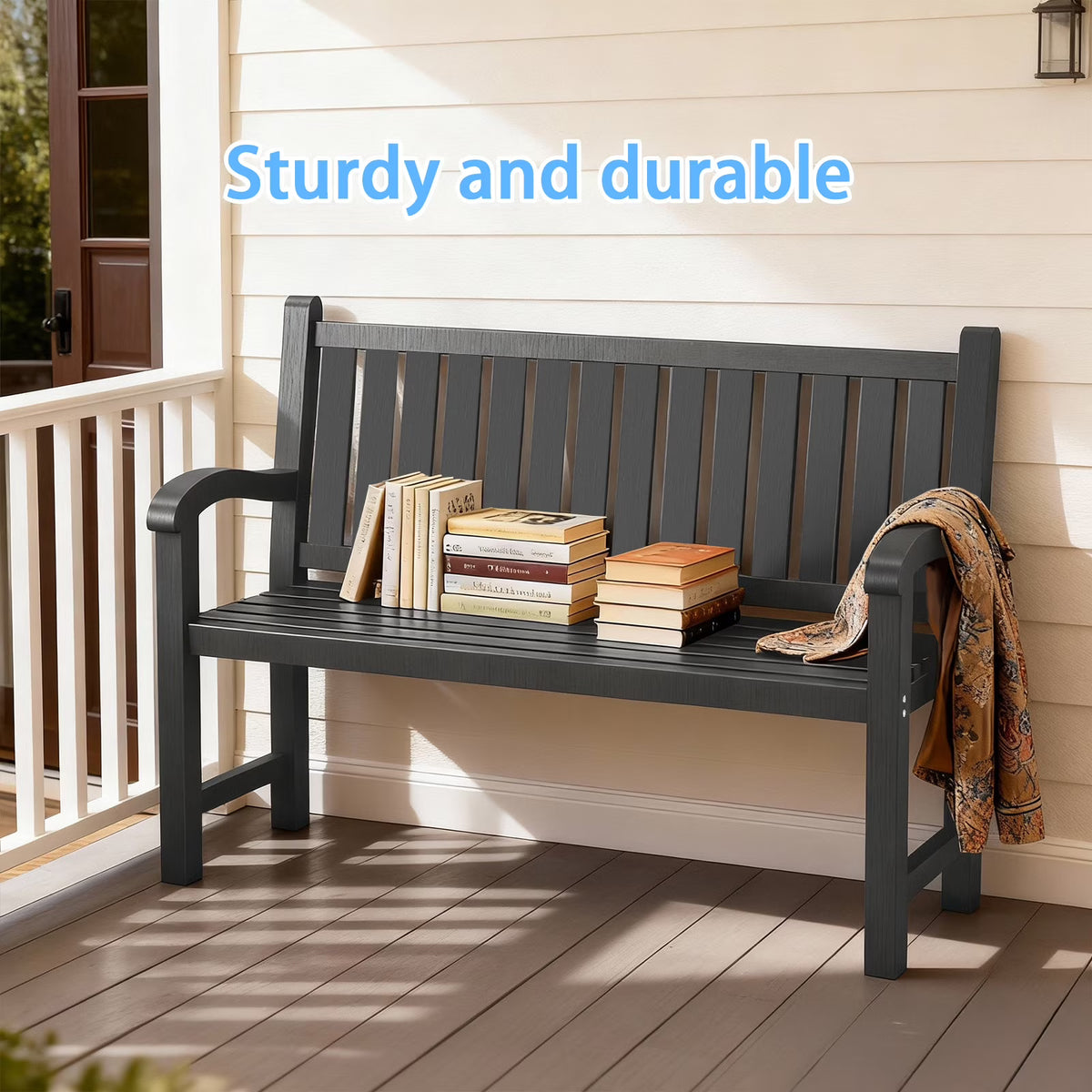 Fazzn  Resin Outdoor Patio Bench, Weatherproof Garden Bench with Backrest & Armrests, All-Weather Park Bench for Backyard, Porch, Poolside.( Black)/(Brown)Father's Day Gift
