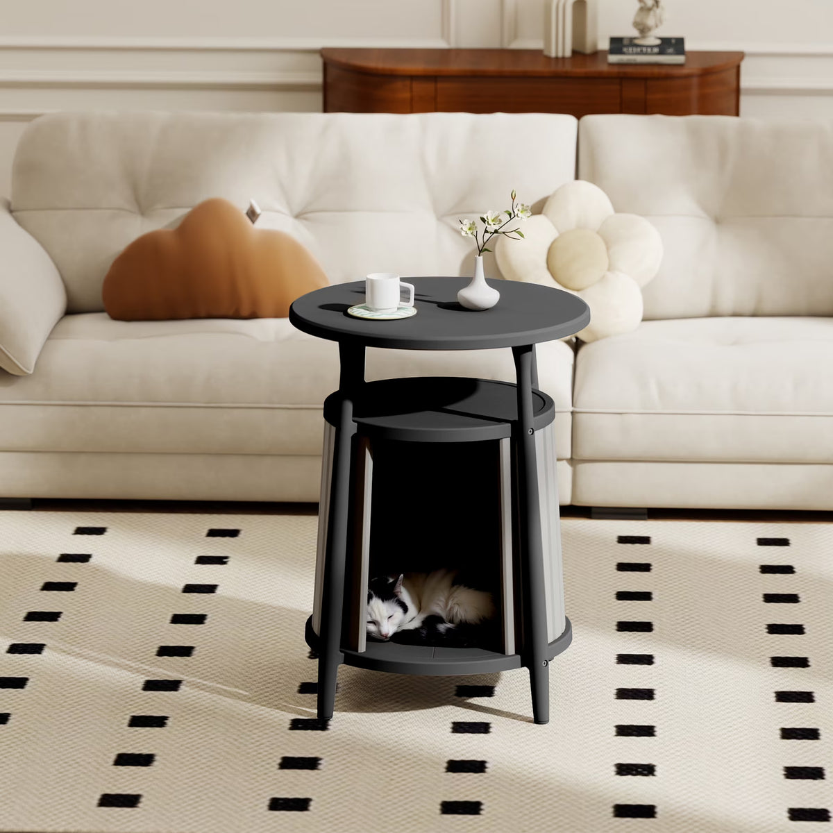 Fazzn 2-in-1 Round Cat House End Table, Modern Hidden Cat Litter Box Enclosure Furniture, Weatherproof Resin Patio Side Table with Stylish Pet House for Indoor & Outdoor Use.