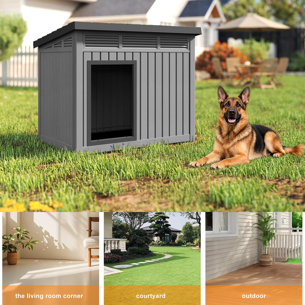 fazzn Nature Classic Dog House - Wooden Outdoor Shelter with Windproof and Rainproof Sealing and Ventilation, Suitable for Medium to Large Dogs - Black/Grey