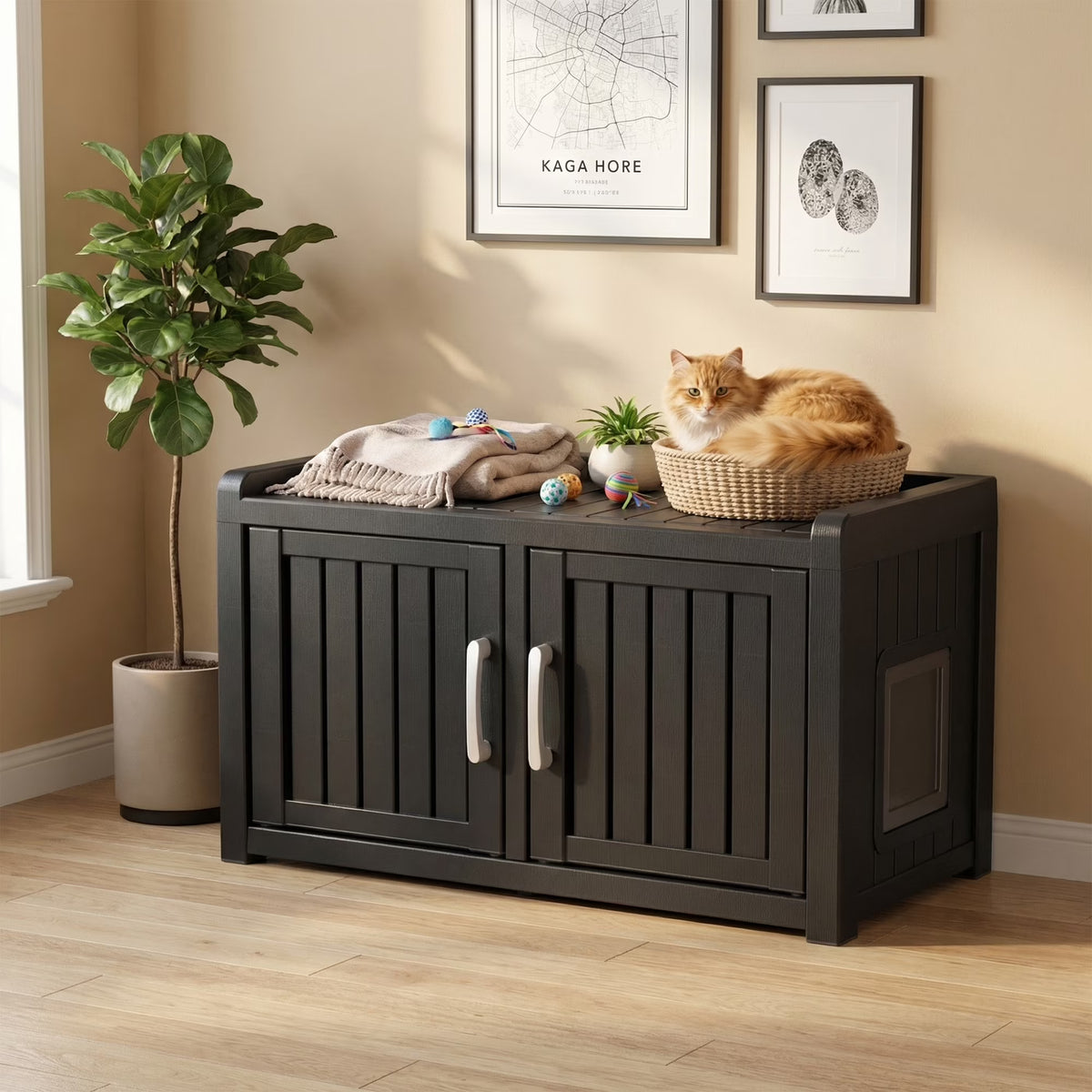 Fazzn 2-in-1 Outdoor Cat House & Storage Bench, Weatherproof Litter Box Enclosure with Cat Door, Durable Resin Pet Shelter for Indoor, Easy Assembly.Black