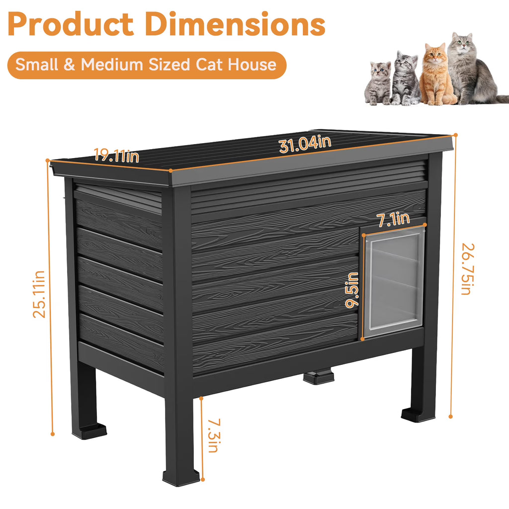 fazzn Outdoor Cat House X-Large: Weather Resistant, Raised Floor, Dual Waterproof Flaps, 50% Bigger, Dimensions 31" L x 26.7" H.Black