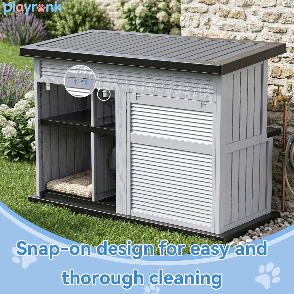 Fazzn 2-Story Outdoor Pet Shelter, Weatherproof Resin Condo with 3 Compartments, Elevated Base & Waterproof Roof for Patio, Backyard, Garage, Black & Grey