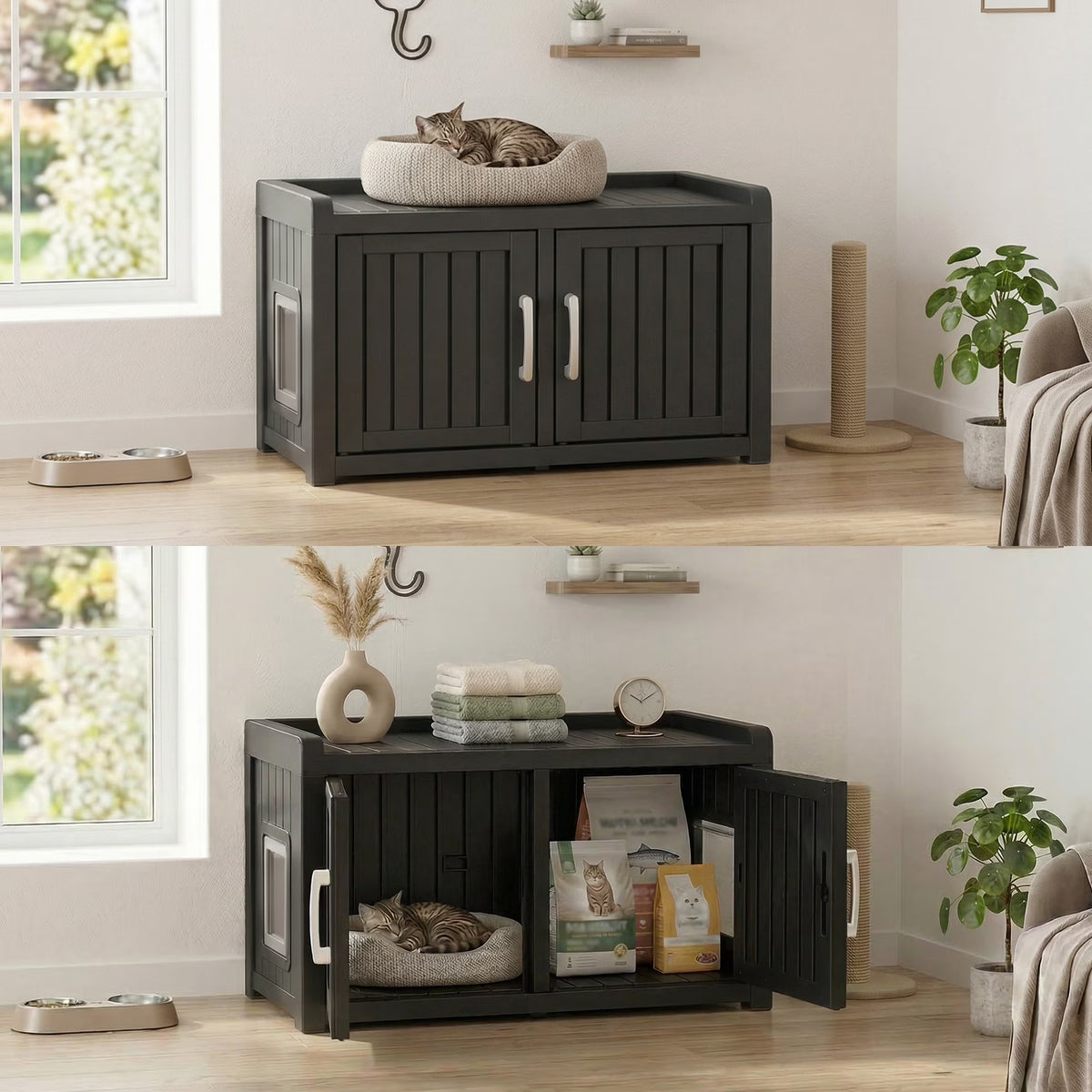 Fazzn 2-in-1 Outdoor Cat House & Storage Bench, Weatherproof Litter Box Enclosure with Cat Door, Durable Resin Pet Shelter for Indoor, Easy Assembly.Black