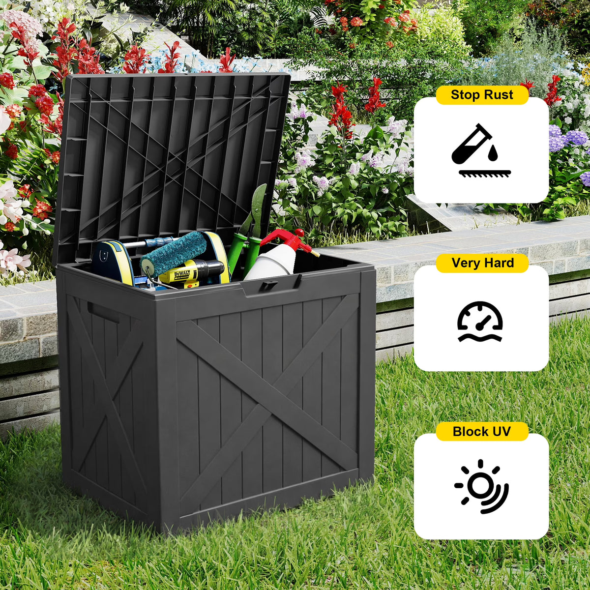 fazzn 32 Gallon Resin Deck Box Waterproof Outdoor Storage Box for Patio Furniture Pool Accessories Indoor Storage for Cushion Garden Tools (Black)