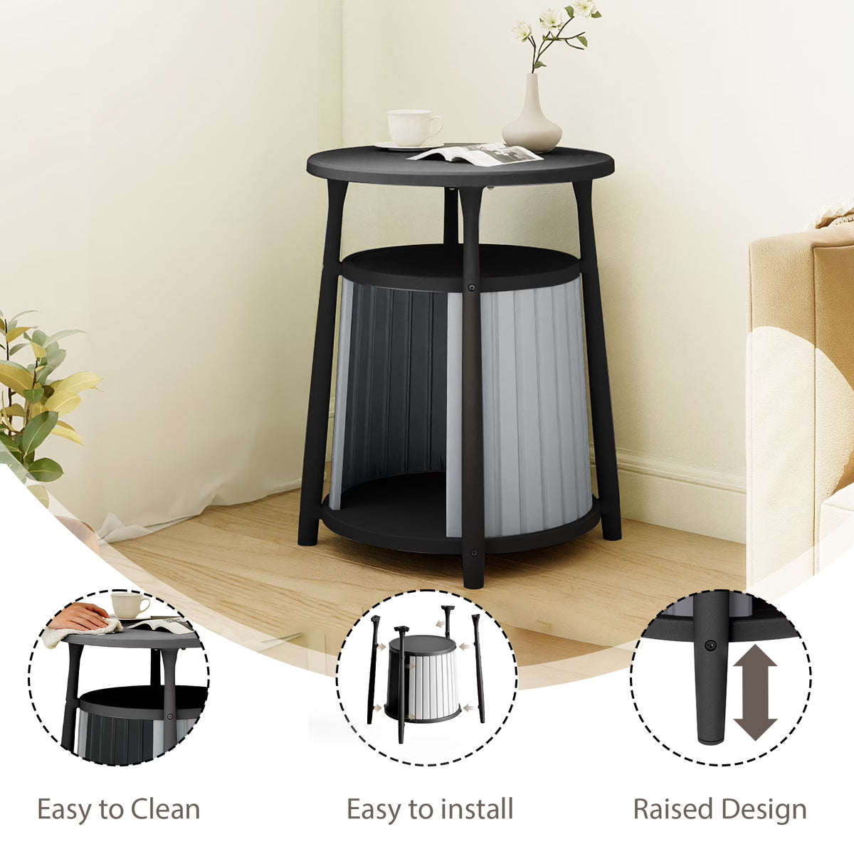 Fazzn 2-in-1 Round Cat House End Table, Modern Hidden Cat Litter Box Enclosure Furniture, Weatherproof Resin Patio Side Table with Stylish Pet House for Indoor & Outdoor Use.