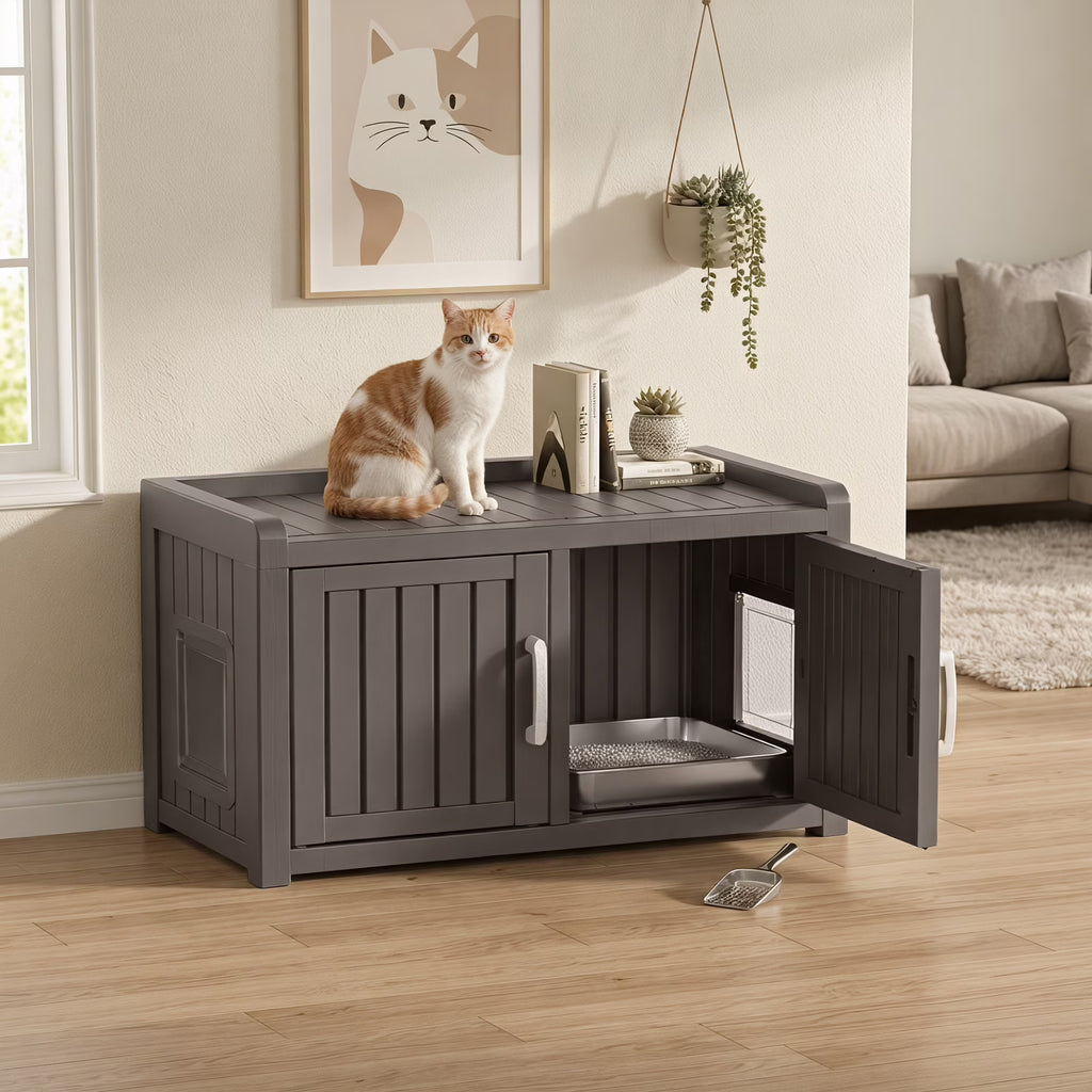 fazzn 2-in-1 Outdoor Cat House & Storage Bench, Weatherproof Litter Box Enclosure with Cat Door, Durable Resin Pet Shelter for Indoor, Easy Assembly.Black /Brown