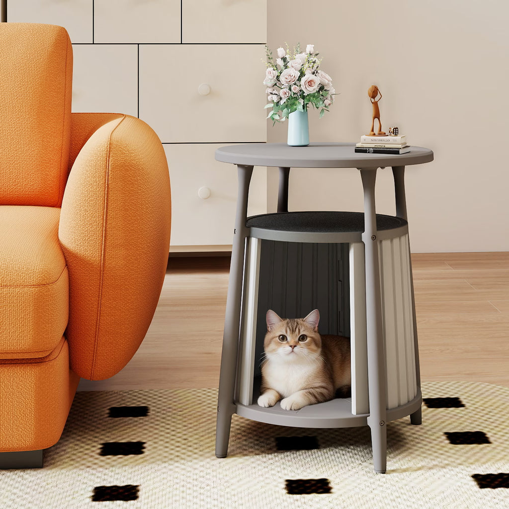 fazzn 2-in-1 Round Cat House End Table, Modern Hidden Cat Litter Box Enclosure Furniture, Weatherproof Resin Patio Side Table with Stylish Pet House for Indoor & Outdoor Use.Black/Brown