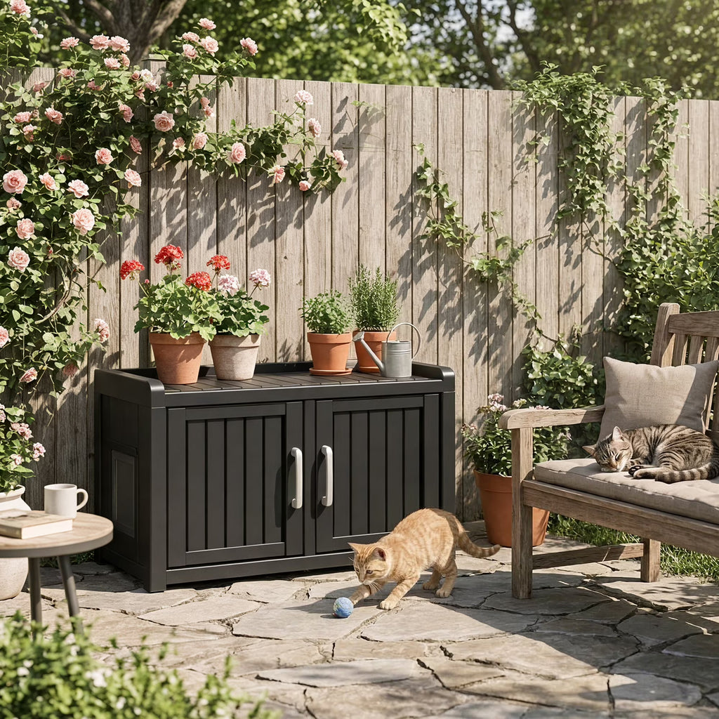 Fazzn 2-in-1 Outdoor Cat House & Storage Bench, Weatherproof Litter Box Enclosure with Cat Door, Durable Resin Pet Shelter for Indoor, Easy Assembly.Black