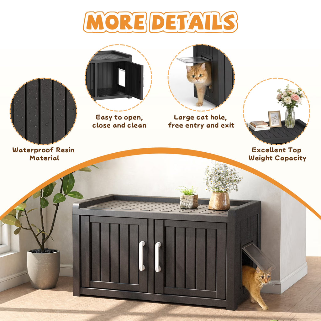 Fazzn 2-in-1 Outdoor Cat House & Storage Bench, Weatherproof Litter Box Enclosure with Cat Door, Durable Resin Pet Shelter for Indoor, Easy Assembly.Black